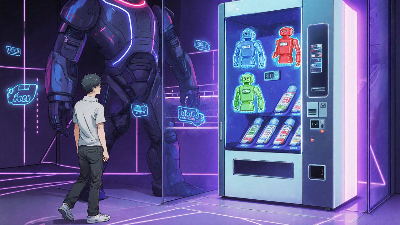 A futuristic pharmacy scene shows a shopper choosing among glowing robot‑pill dispensers under holographic lights.