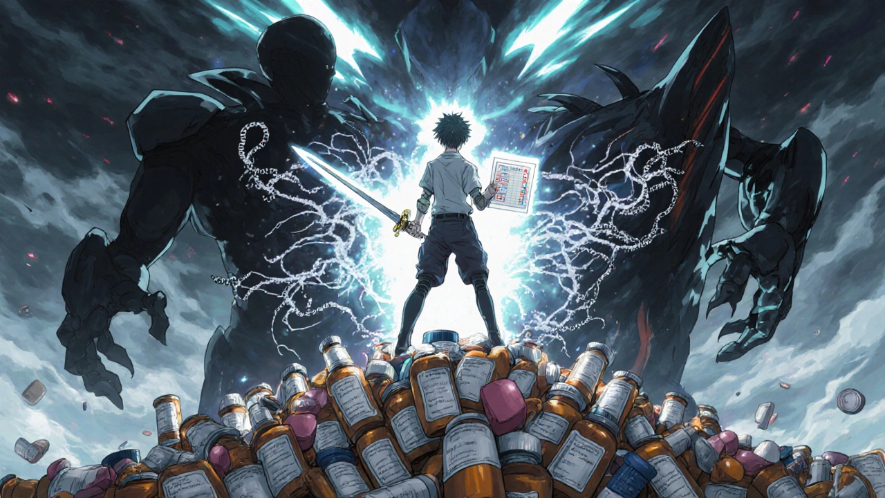 A patient fights a monster of drug interactions with a glowing checklist, protected by a pharmacist robot.