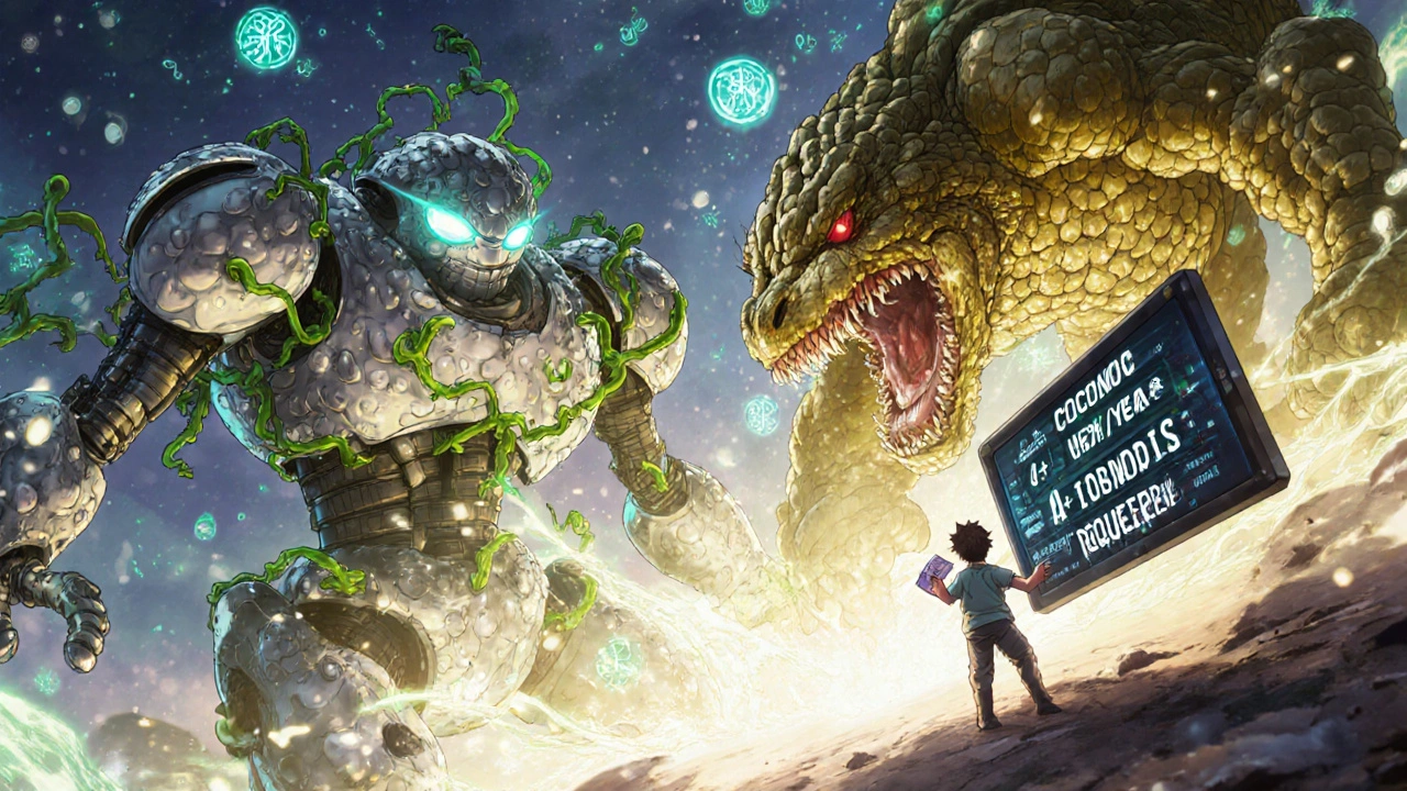 A robot made of natural remedies battles a resistant Candida beast with healing light.