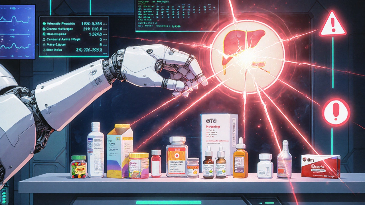 A robot scans medications as red energy beams reveal dangerous drug interactions.