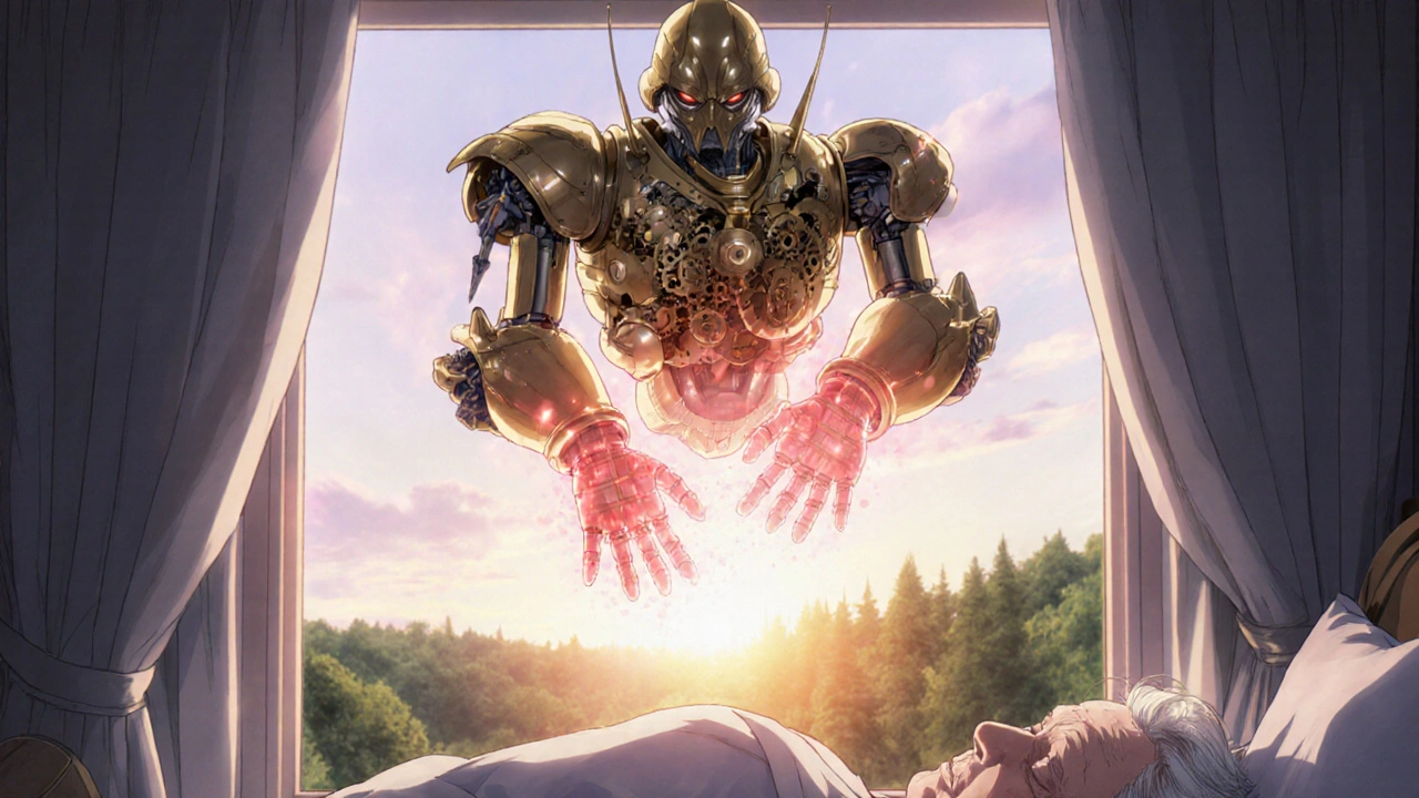 An ancient golden robot dissolves chronic inflammation over a sleeping elder.