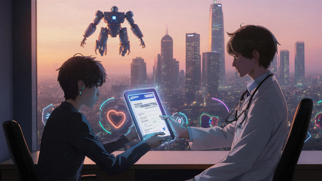 Anime doctor giving a digital prescription for Super Zhewitra with safety icons.