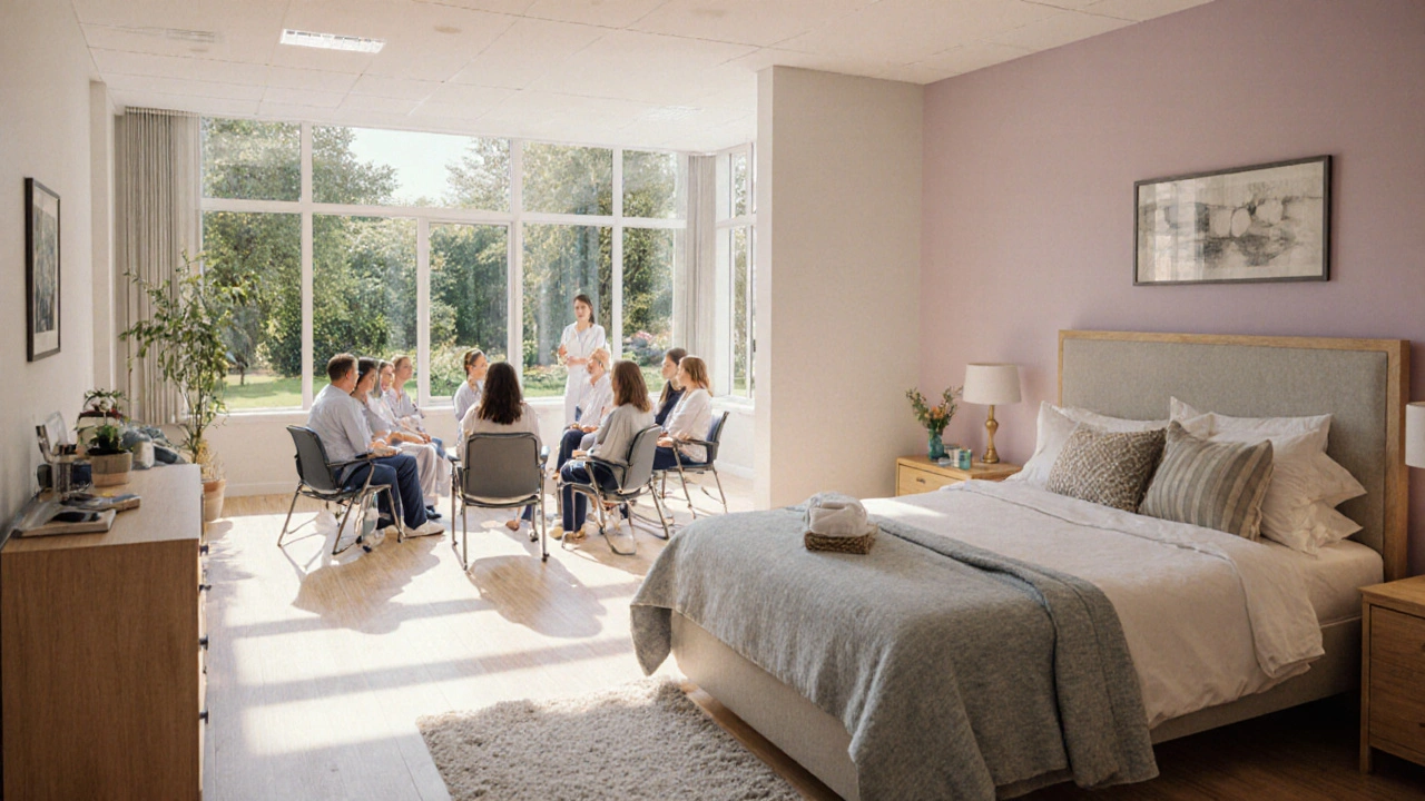 Bright inpatient rehab common area with group therapy session and garden view.