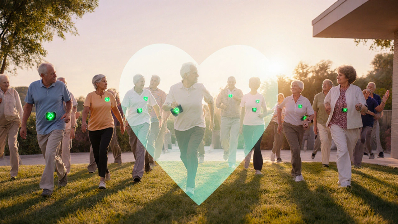 Cardiac rehab class of seniors exercising together at sunrise.