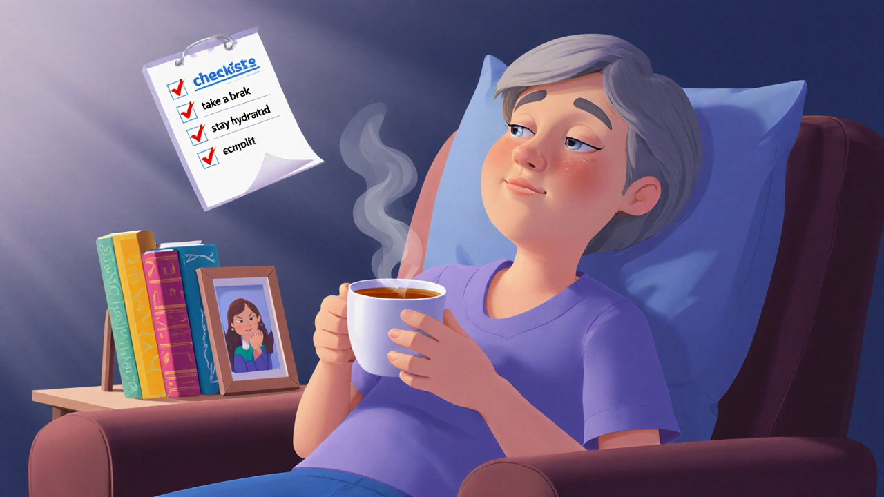 Caregiver relaxing with tea on a couch, surrounded by calm lighting and a checklist.