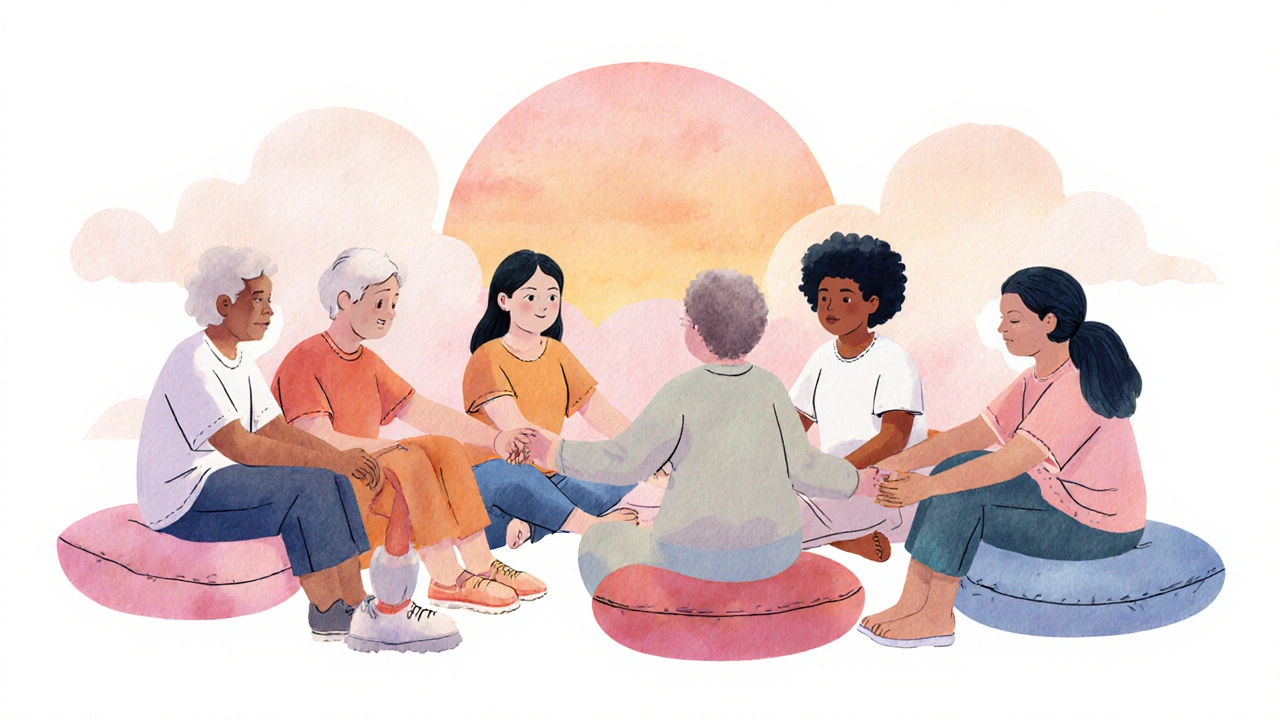 Diverse support group sitting in a circle during sunrise, watercolor style.