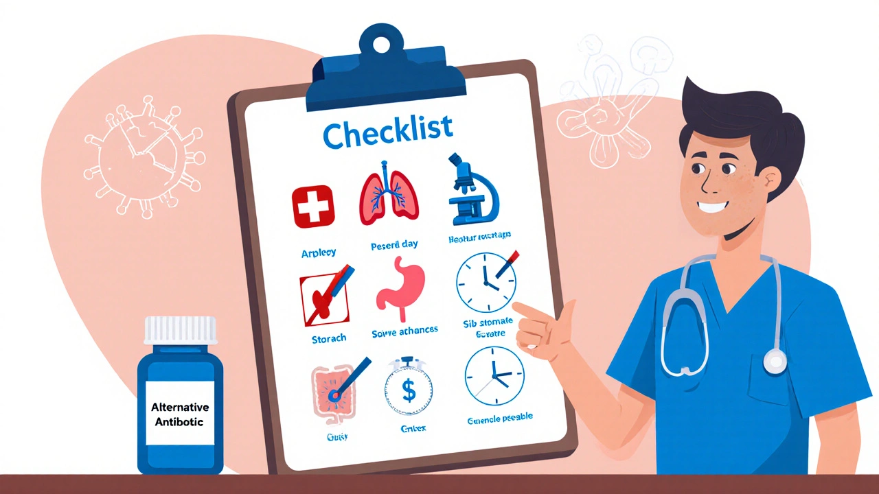 Flat illustration of a doctor's checklist with icons for allergy, infection type, resistance, side effects, cost, and dosing.