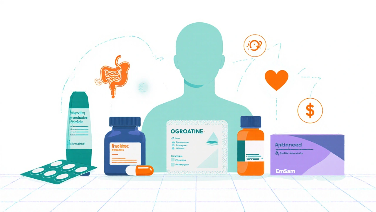 Flat illustration showing various antidepressant pills beside an Emsam patch with side‑effect icons.