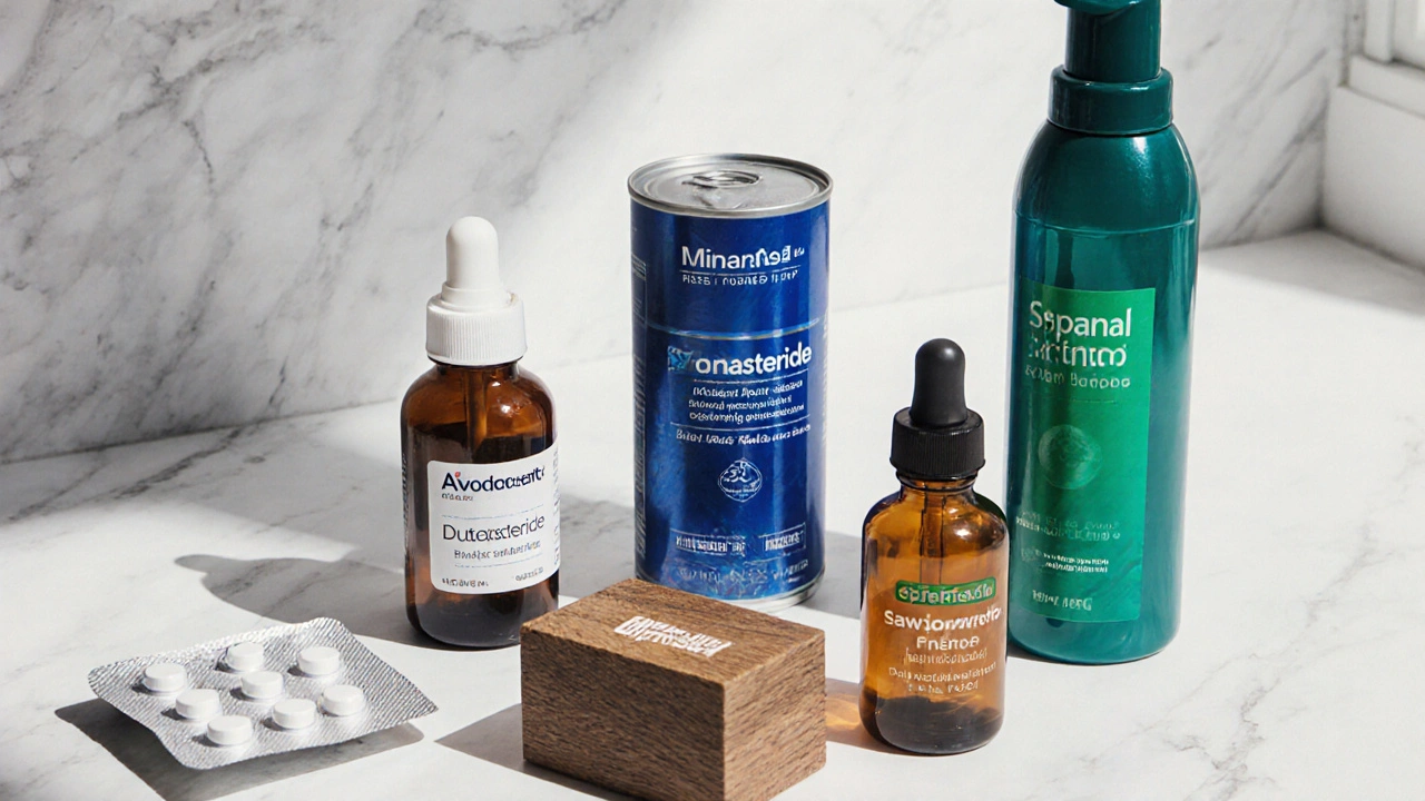 Flat lay of dutasteride bottle, finasteride tablets, minoxidil foam, spironolactone, saw‑palmetto capsules, and ketoconazole shampoo.