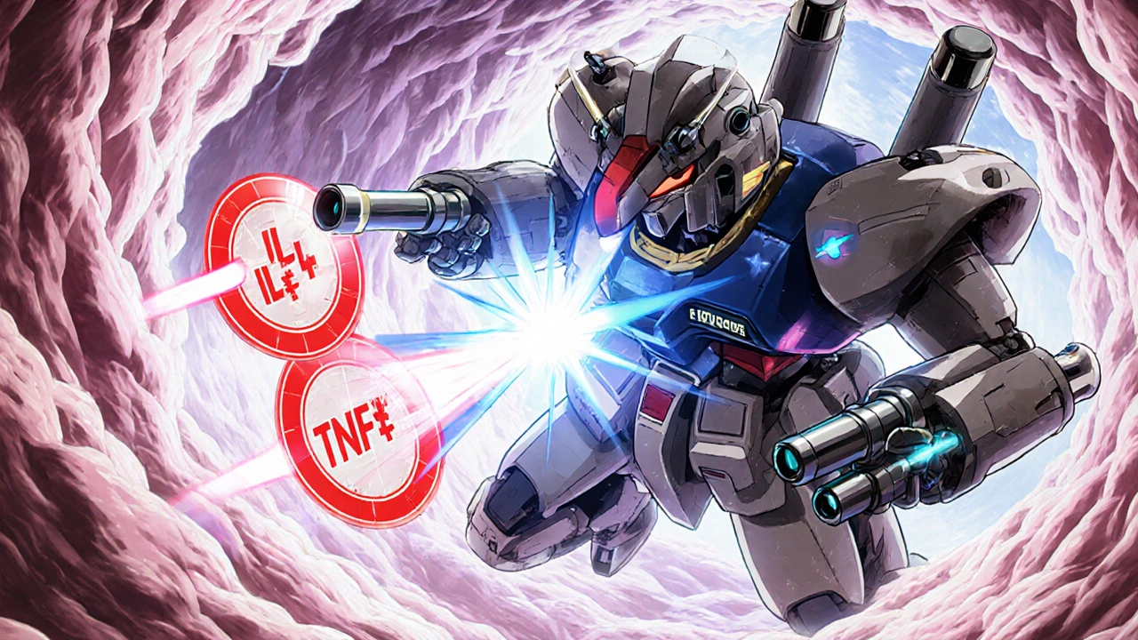 Fluticasone robot fires energy beams at cytokine targets inside a nasal passage arena.
