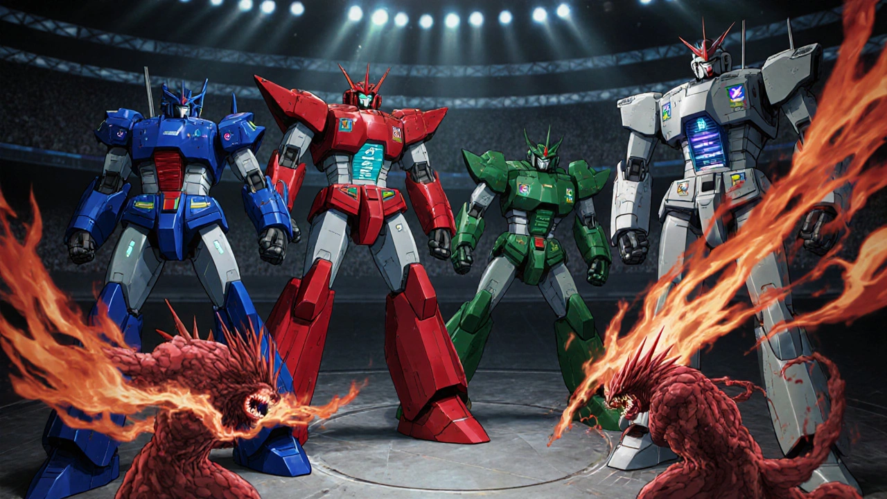 Four distinct super‑robots representing different ED pills battle red side‑effect monsters on a digital arena.