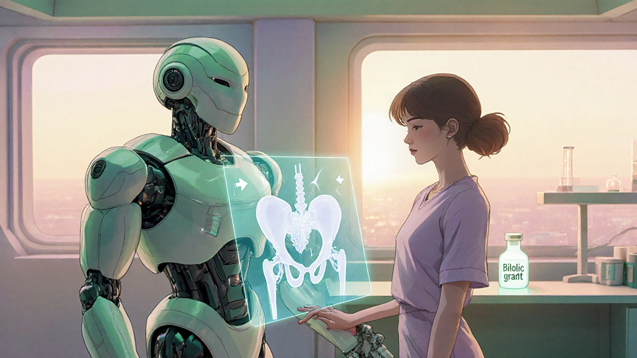 Futuristic robot guides pelvic floor exercises with holographic AI, symbolizing post‑op care and future treatments.