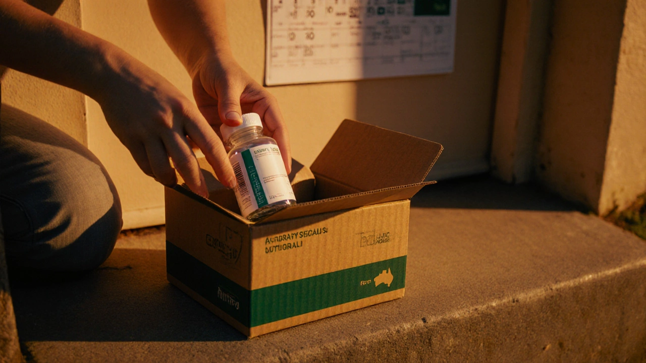 Hand opening a delivery box on a doorstep, revealing a bottle of generic Abilify.