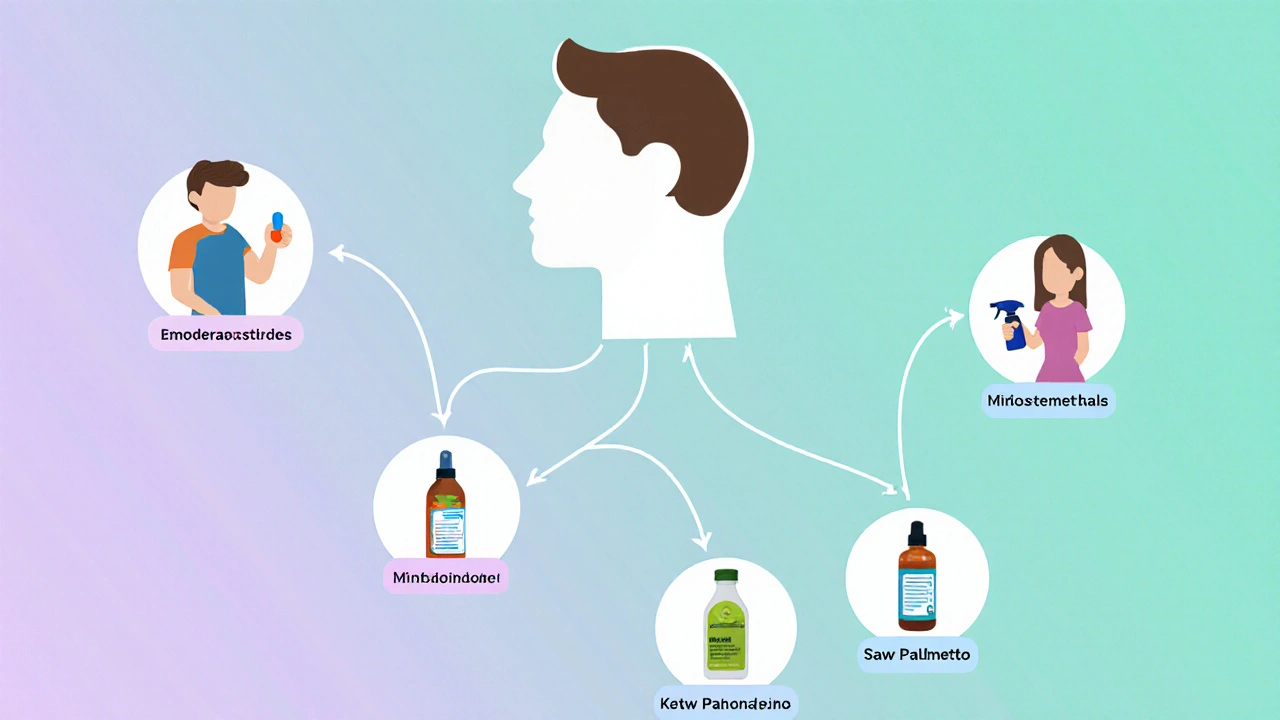 Illustrated decision tree with icons for dutasteride, minoxidil, spironolactone, saw‑palmetto, and ketoconazole.