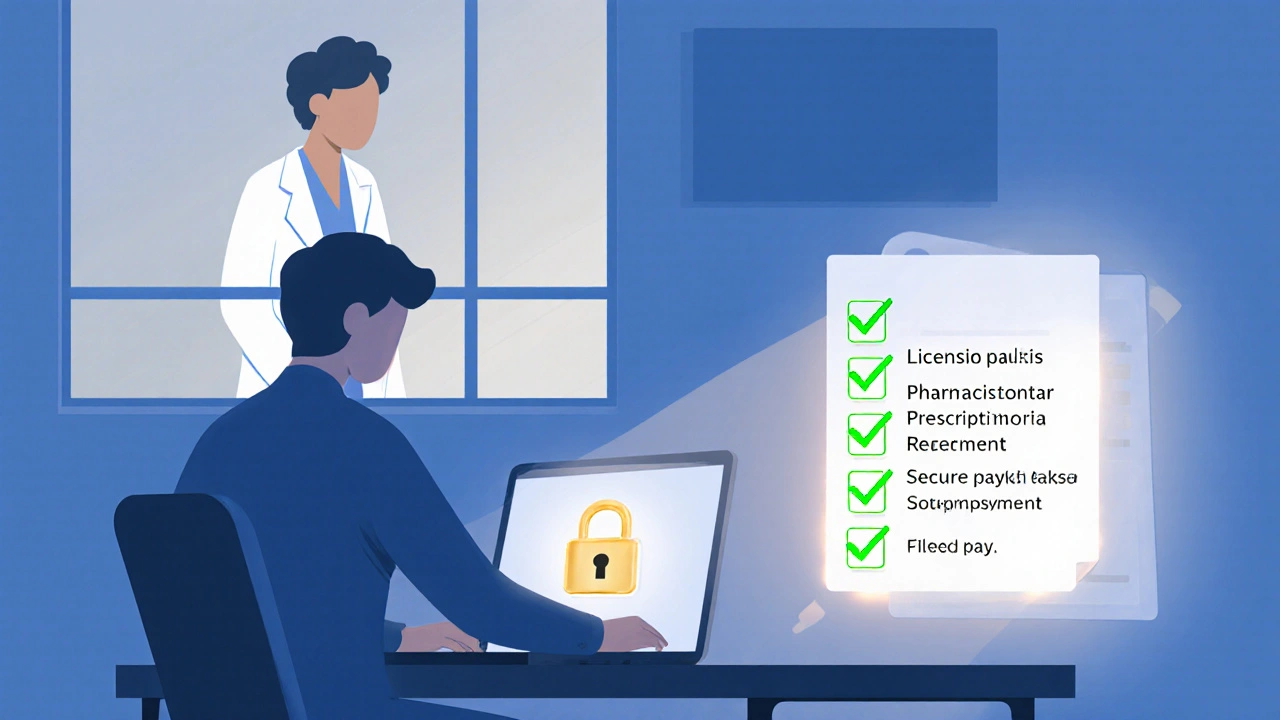 Illustration of a person checking a secure online pharmacy checklist on a laptop.