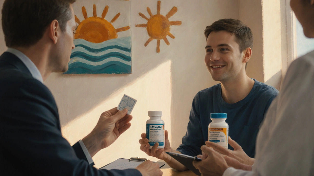 Impressionistic scene of a patient weighing a patch and a pill bottle with a doctor in a bright office.