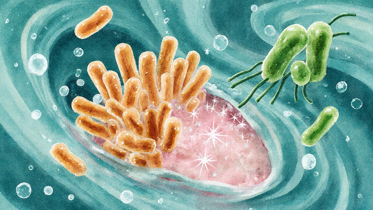 Microscopic scene of friendly Lactobacillus battling E.coli in an acidic environment.