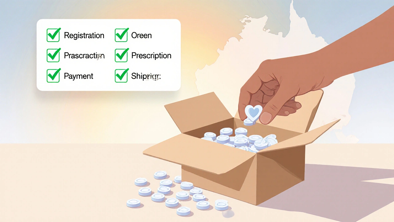Opened delivery box with generic pills, checklist ticks, and a hand holding a pill near a faint Australian map.