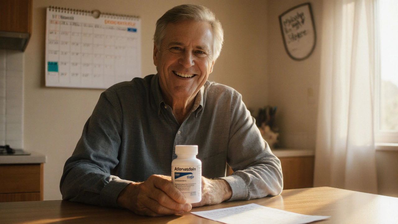 Person smiling at kitchen table with generic atorvastatin bottle, calendar and blood test report.