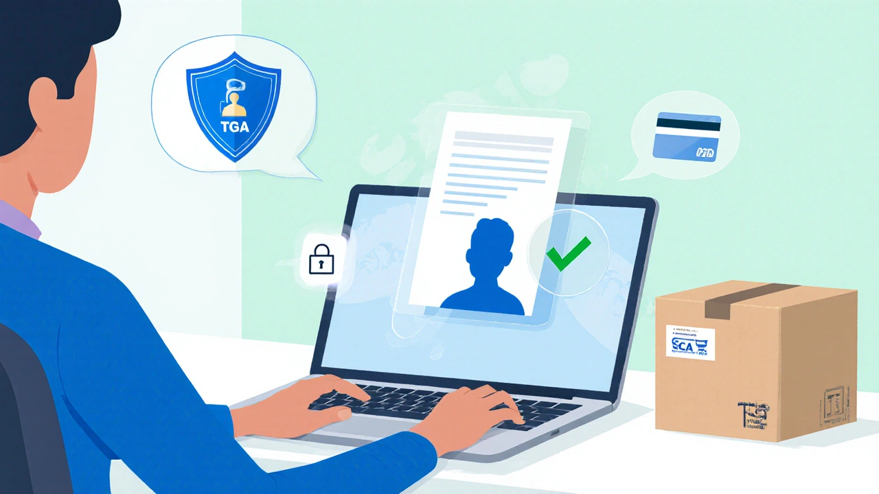 Person using laptop to order generic Plavix online, showing secure payment and pharmacist chat icons.