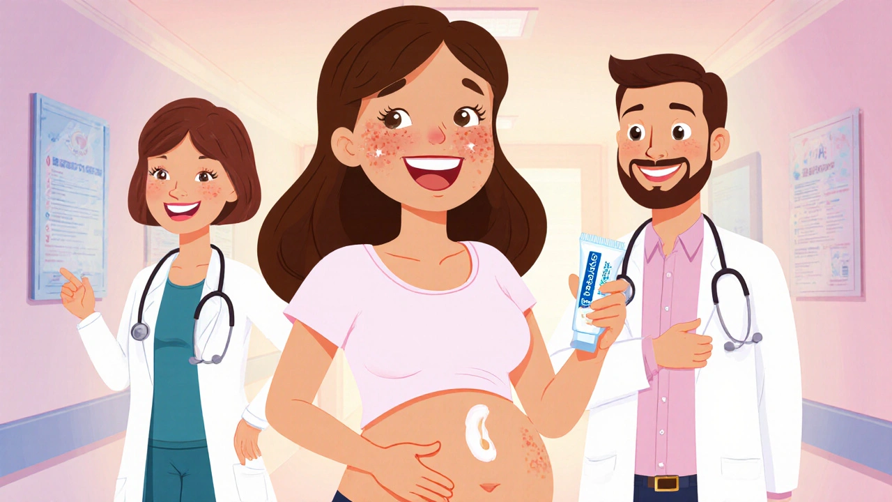 Pregnant woman with clear skin holding azelaic acid cream beside a caring doctor.