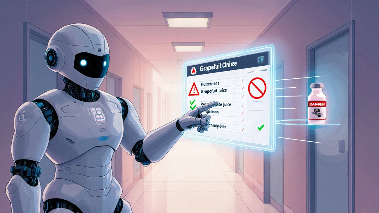 Robot advising a patient, showing grapefruit warning and pomegranate safety, with extract caution.