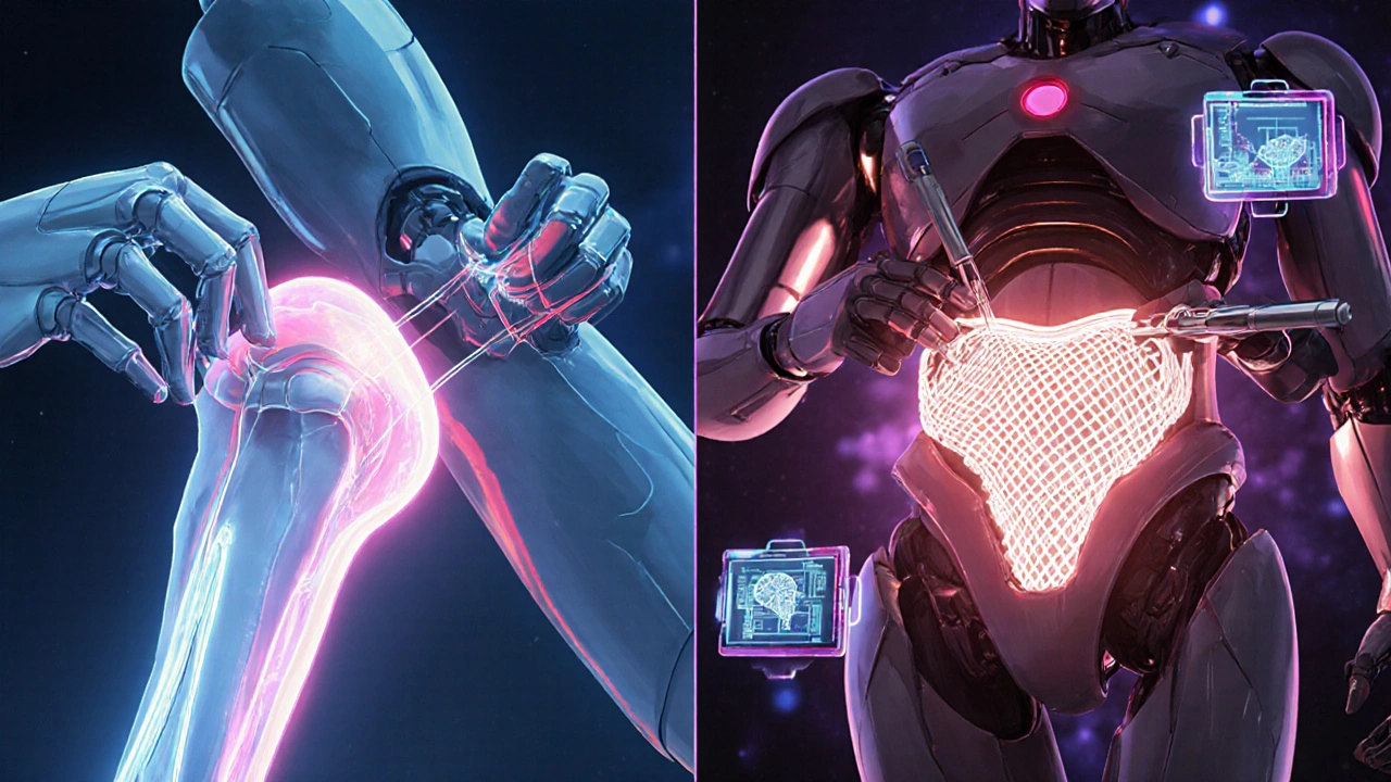 Robot arms perform anterior colporrhaphy and laparoscopic sacrocolpopexy in a stylized anime scene.