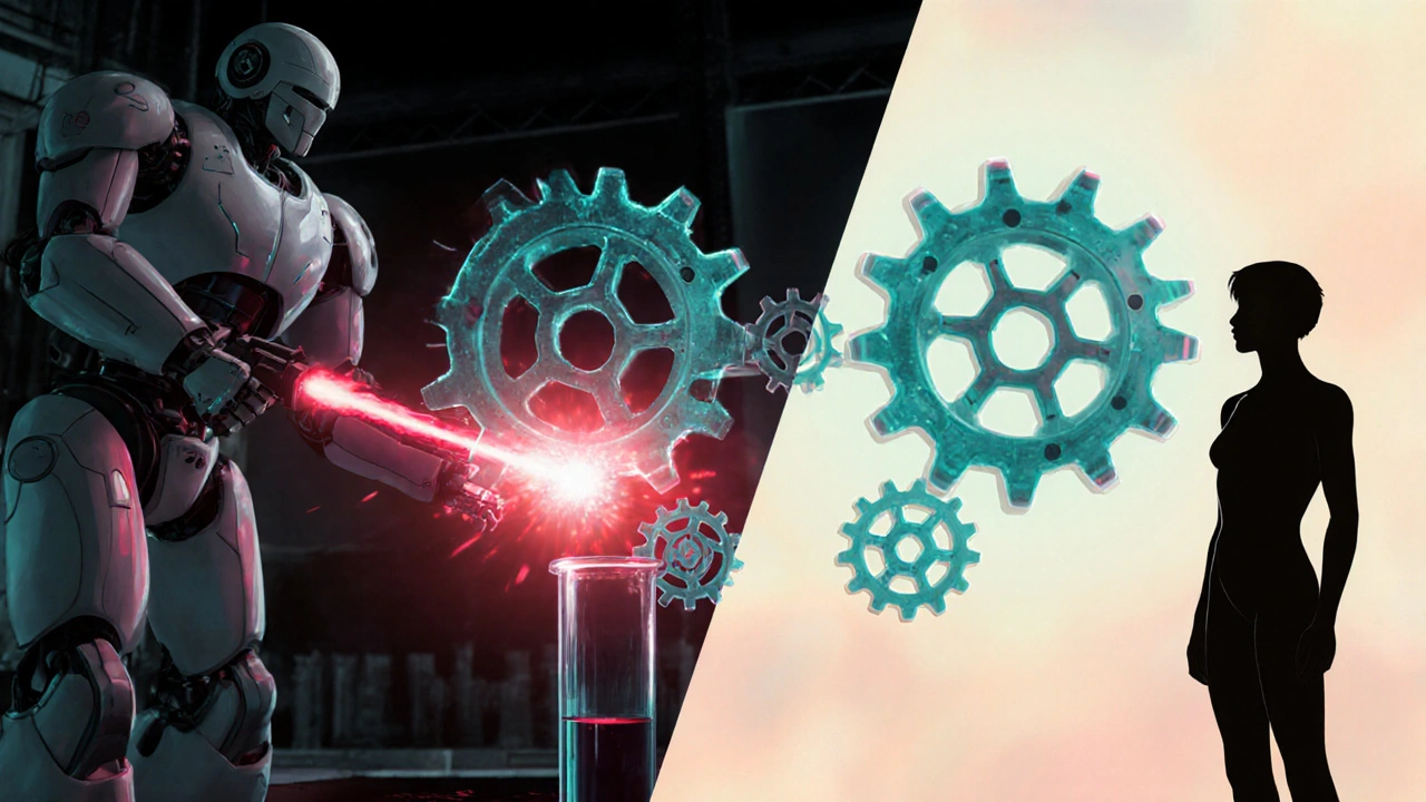 Robot confronting giant CYP enzyme gears, showing lab inhibition versus human safety.