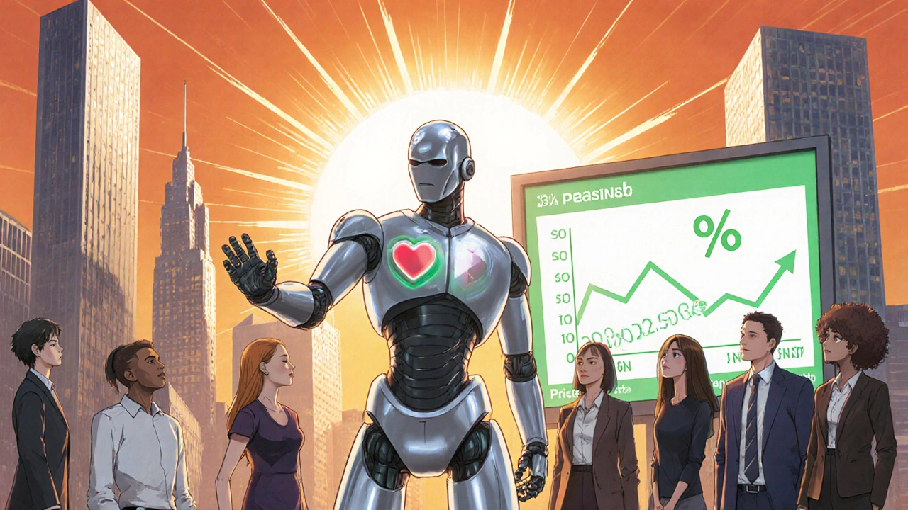 Robot handing assistance to patients and policymakers under a sunrise city skyline with a falling price graph.