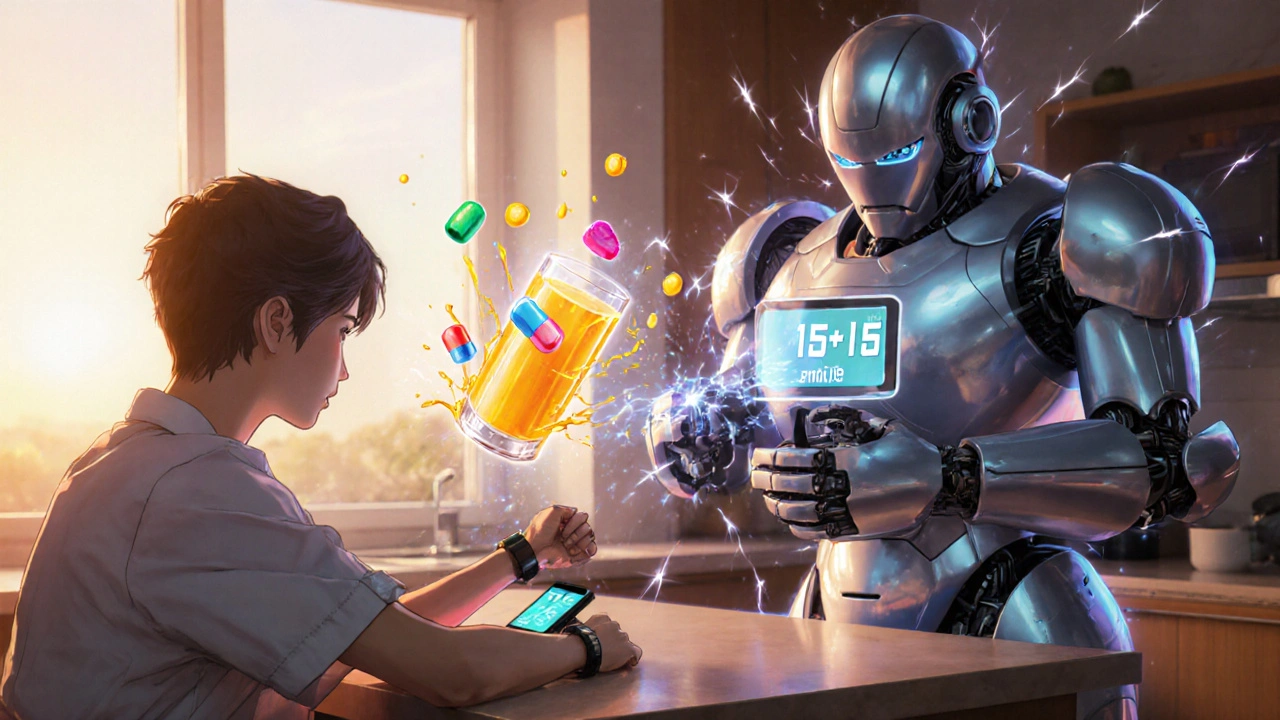 Robot helps a person follow the 15‑15 rule with floating glucose tablets and juice.