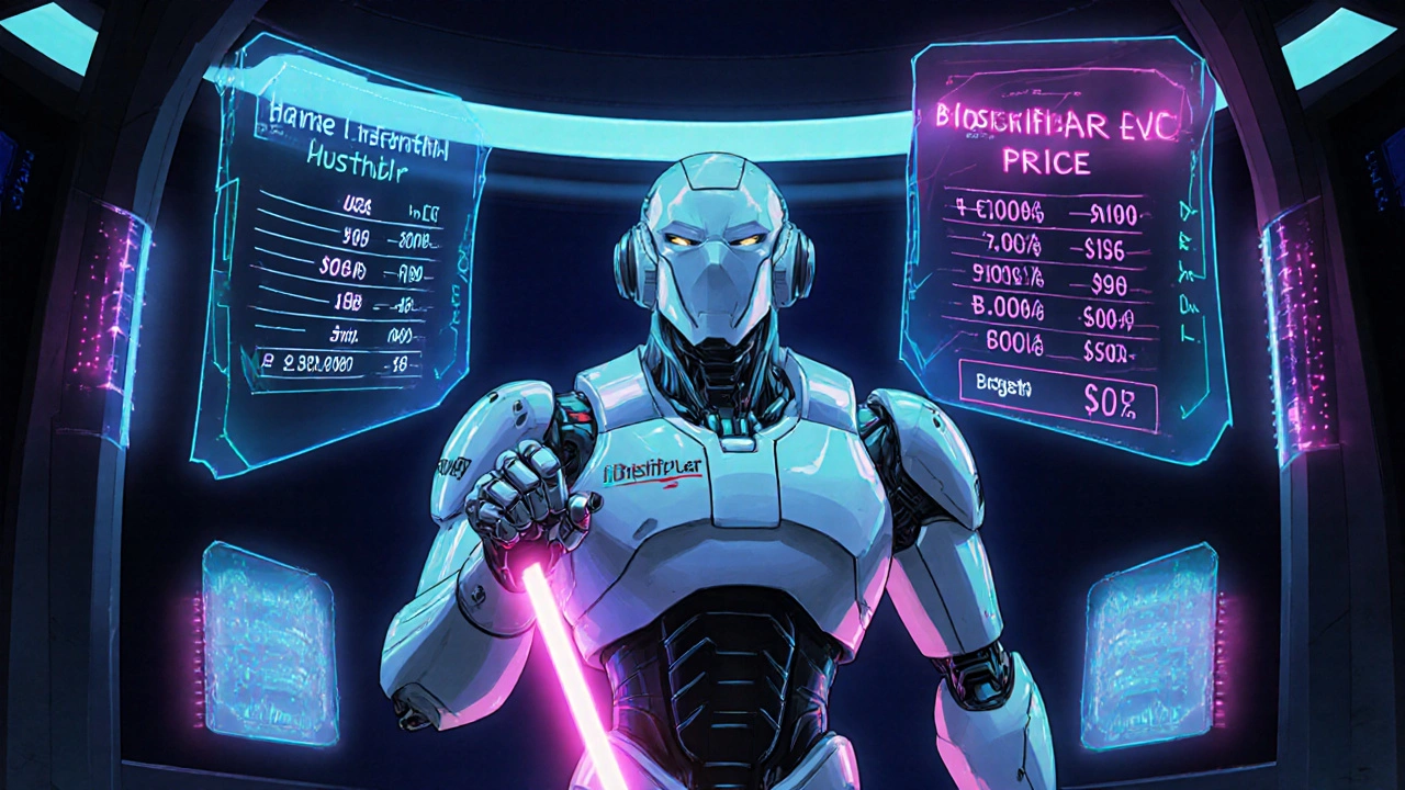 Robot in a control room pointing at holographic price comparison tables for US, Australia, EU.