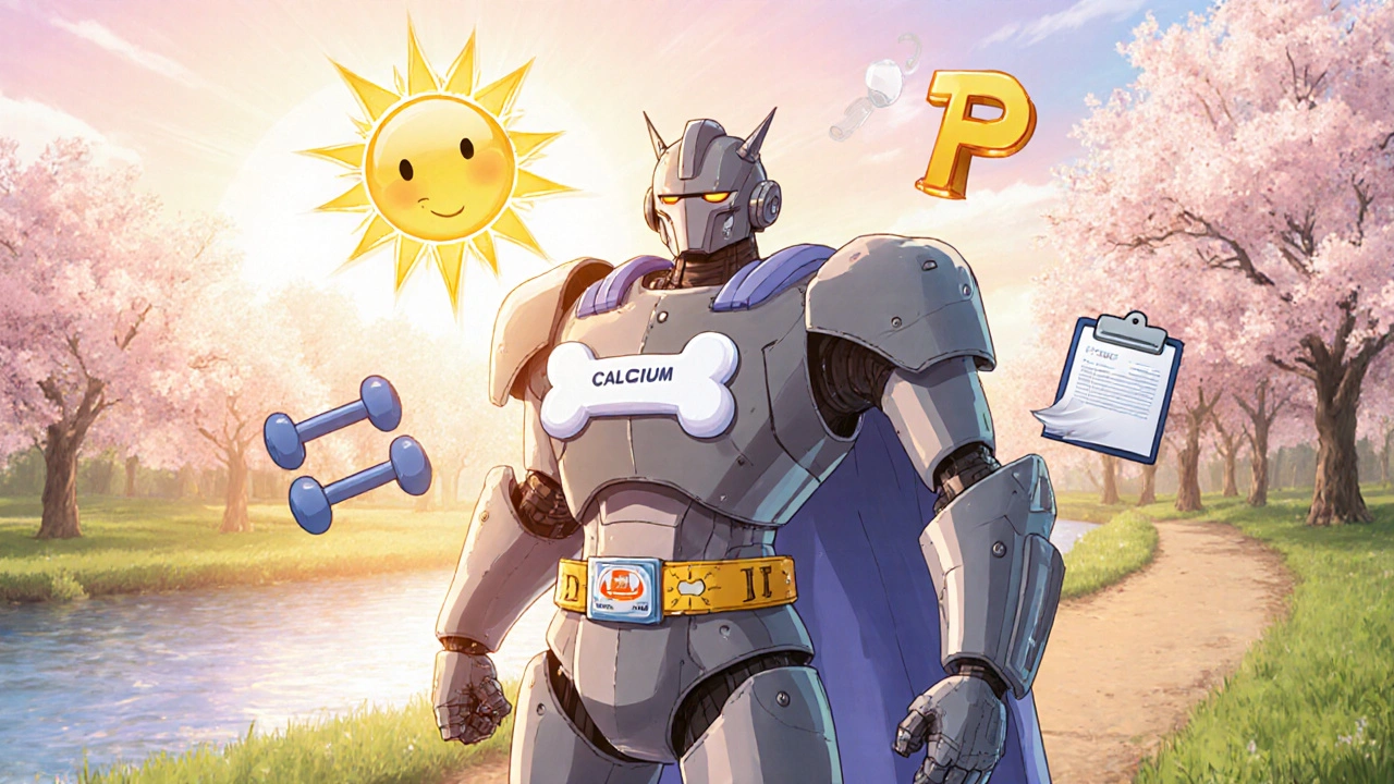 Robot on a park trail with bone shield, calcium pills, and icons for exercise and doctor.