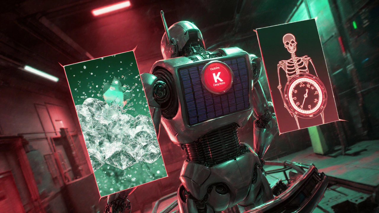 Robot split into panels showing calcium loss, vitamin D dimming, and rising hormone levels.