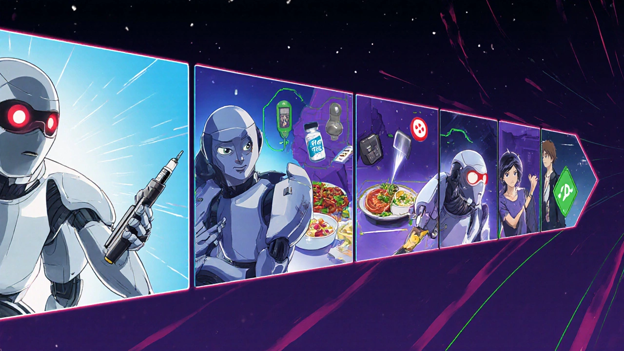 Storyboard of a robot assisting a diabetic through a full day of monitoring and treatment.