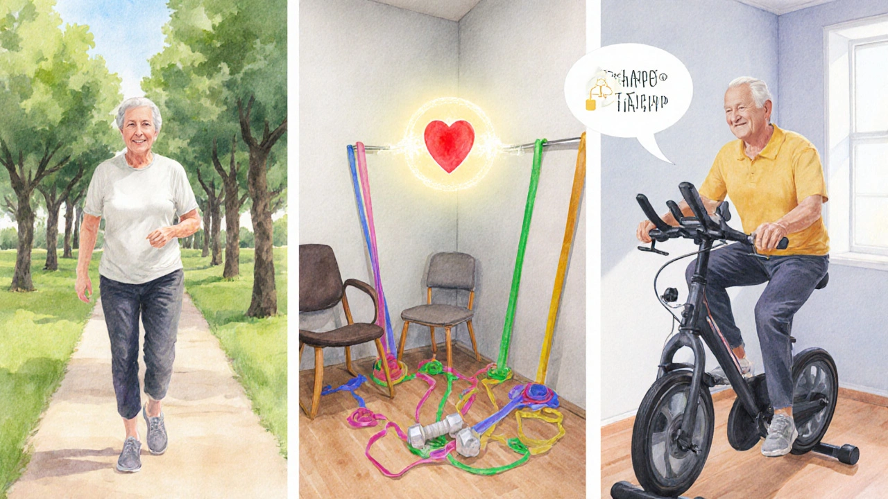 Three panels show walking, resistance band, and bike workouts for a senior.