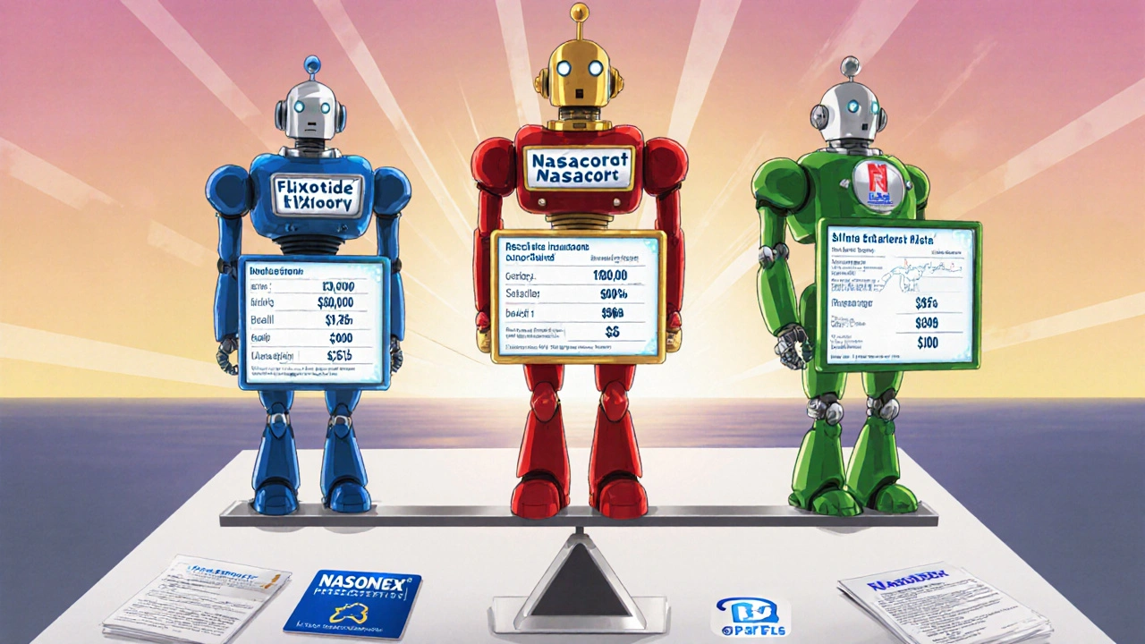 Three robot avatars representing different nasal sprays balance cost and effectiveness on a scale.