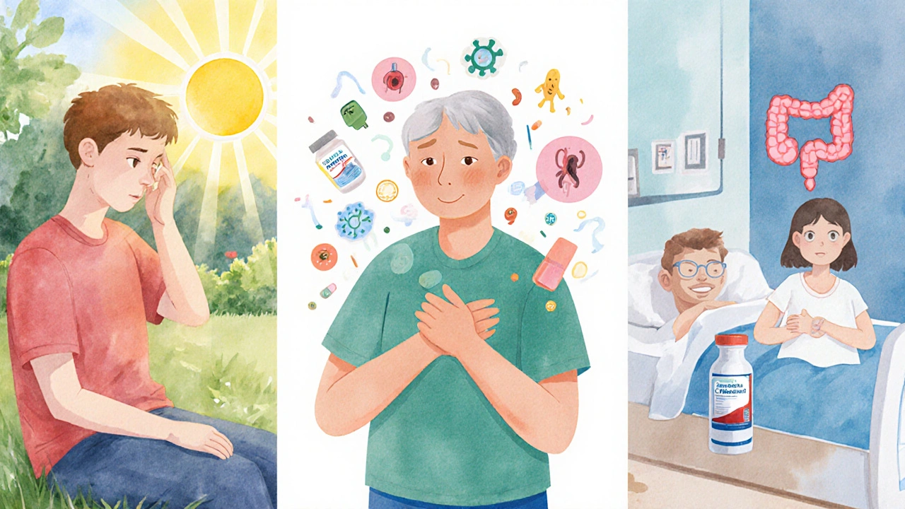 Watercolor panels illustrating photosensitivity, stomach upset, and C. difficile risk from different antibiotics.