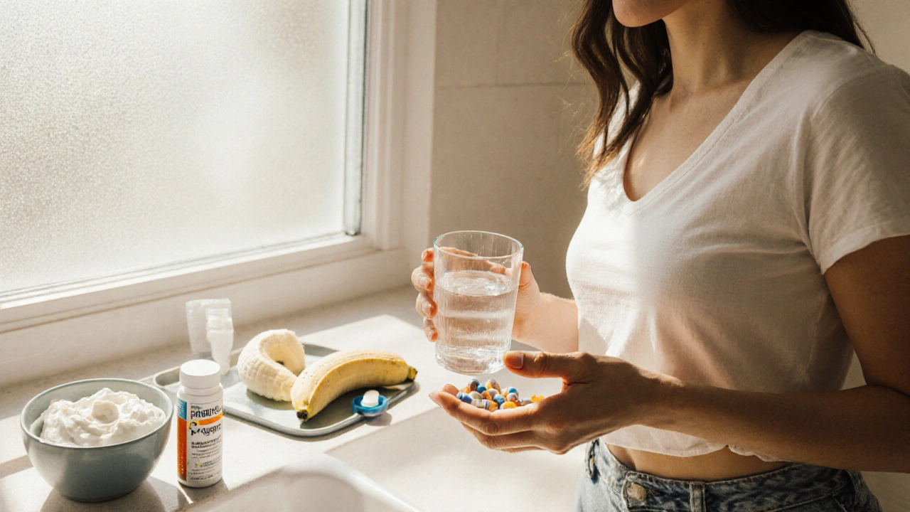 Woman sipping water while holding probiotic capsules beside fruit and yogurt, illustrating daily probiotic routine.