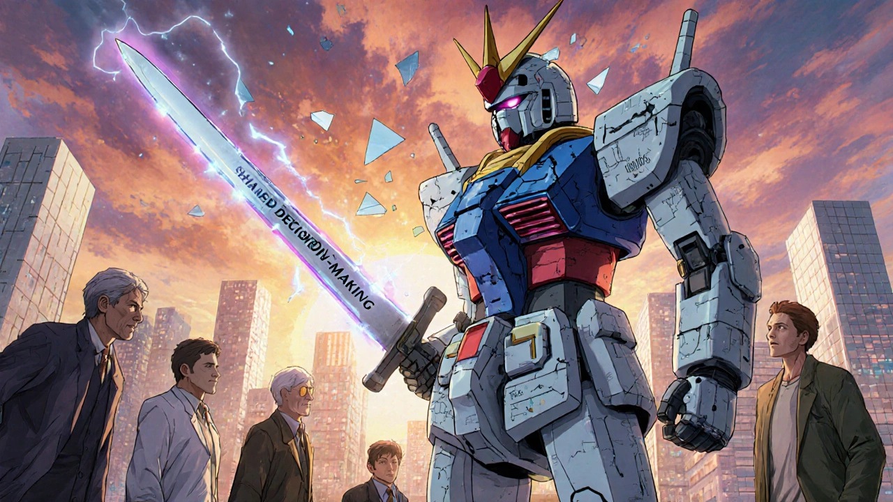 A broken robot reassembles into a symbol of informed choice as diverse men lend support under a rising sun.