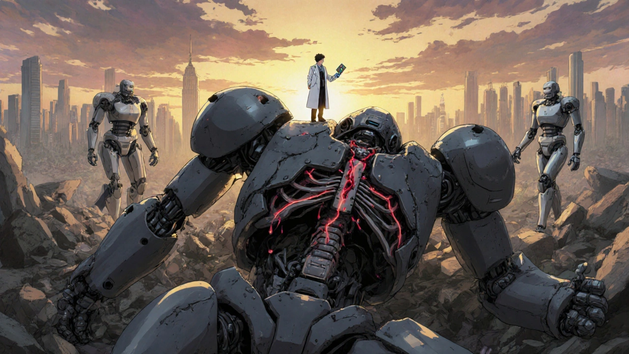 A broken steroid robot reveals internal damage as a human holds a safer alternative chip at sunrise.