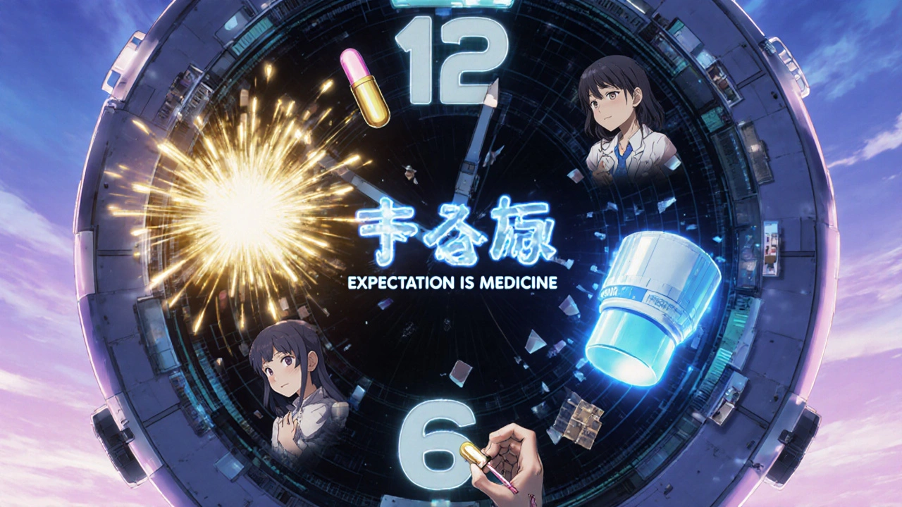 A clock-shaped interface displays pills at each hour, with golden and blue energy radiating as patient memories swirl around them.