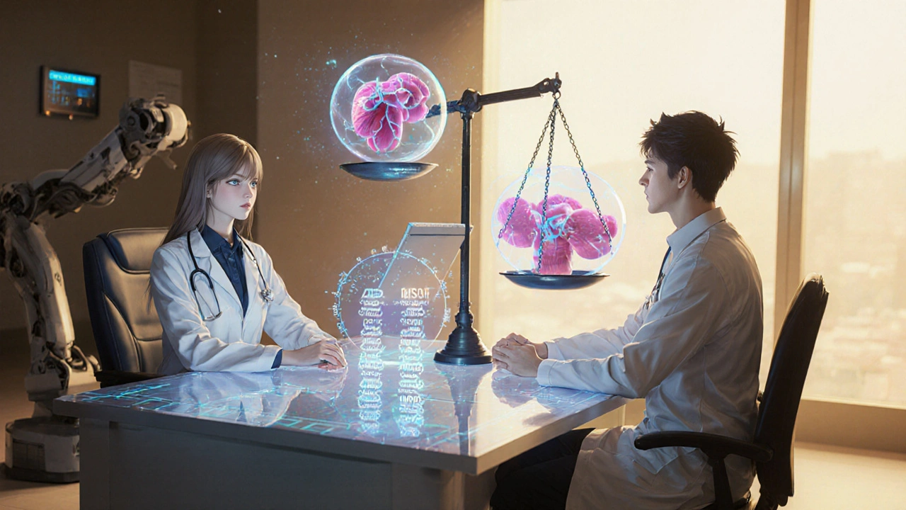 A doctor and patient discuss prostate screening options using floating holograms of advanced diagnostic tools.