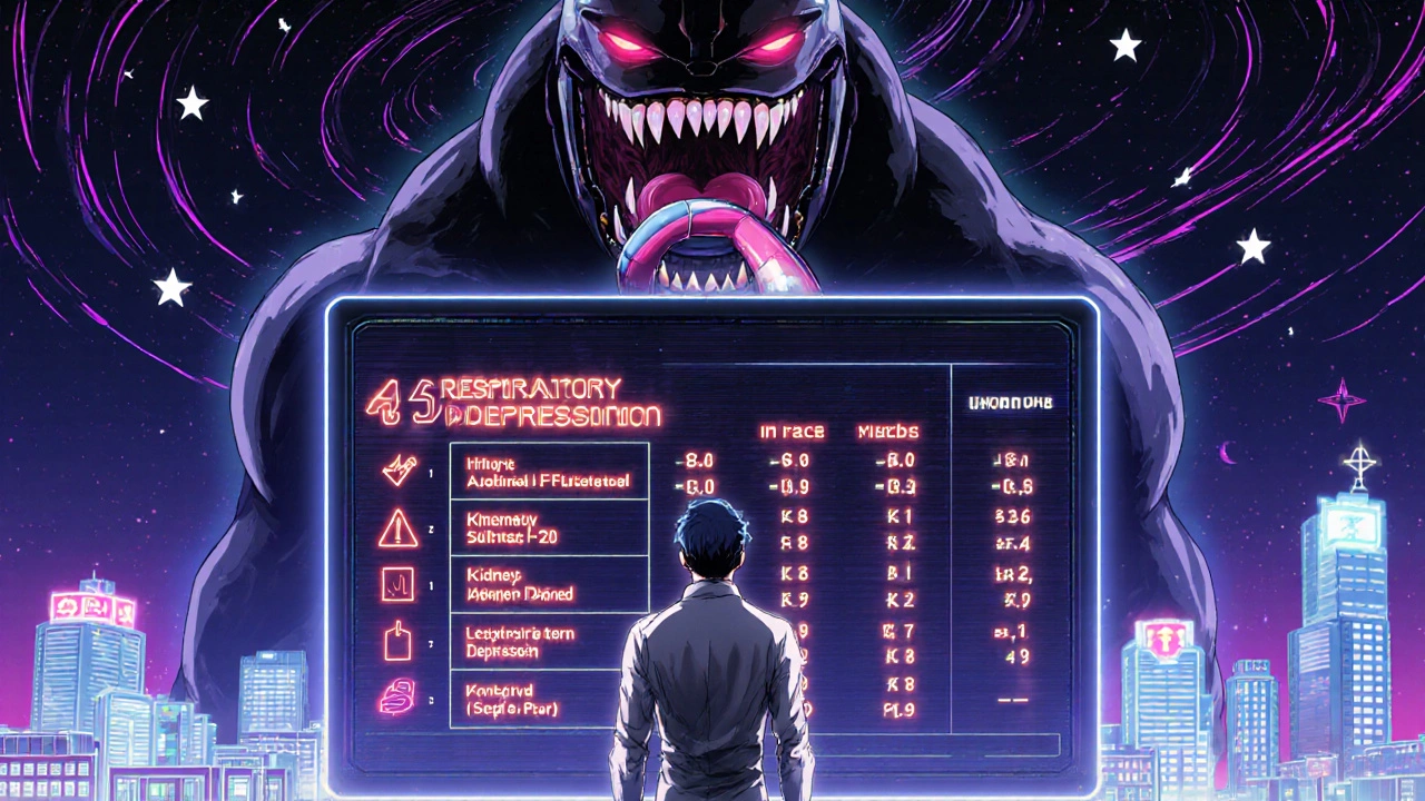 A doctor faces a monstrous respiratory depression entity while a risk calculator glows with warning variables.