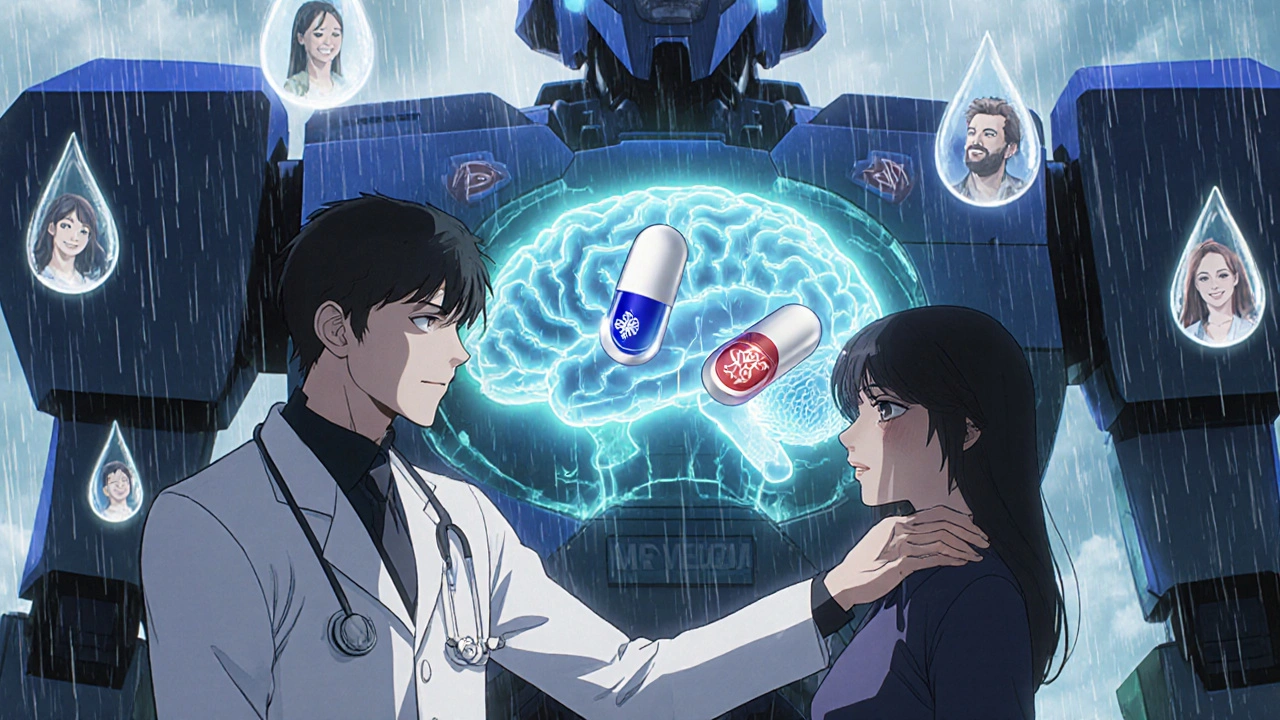 A doctor stands beside a patient as two floating pills hover, with a glowing brain showing stronger neural activity for the branded one.