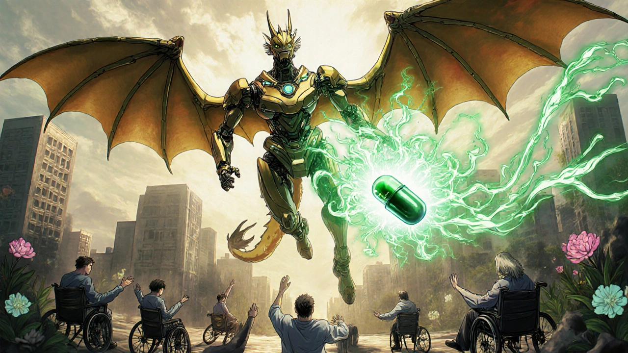 A dragon-like GLP-1 robot transforming fat into flowers while patients regain strength.