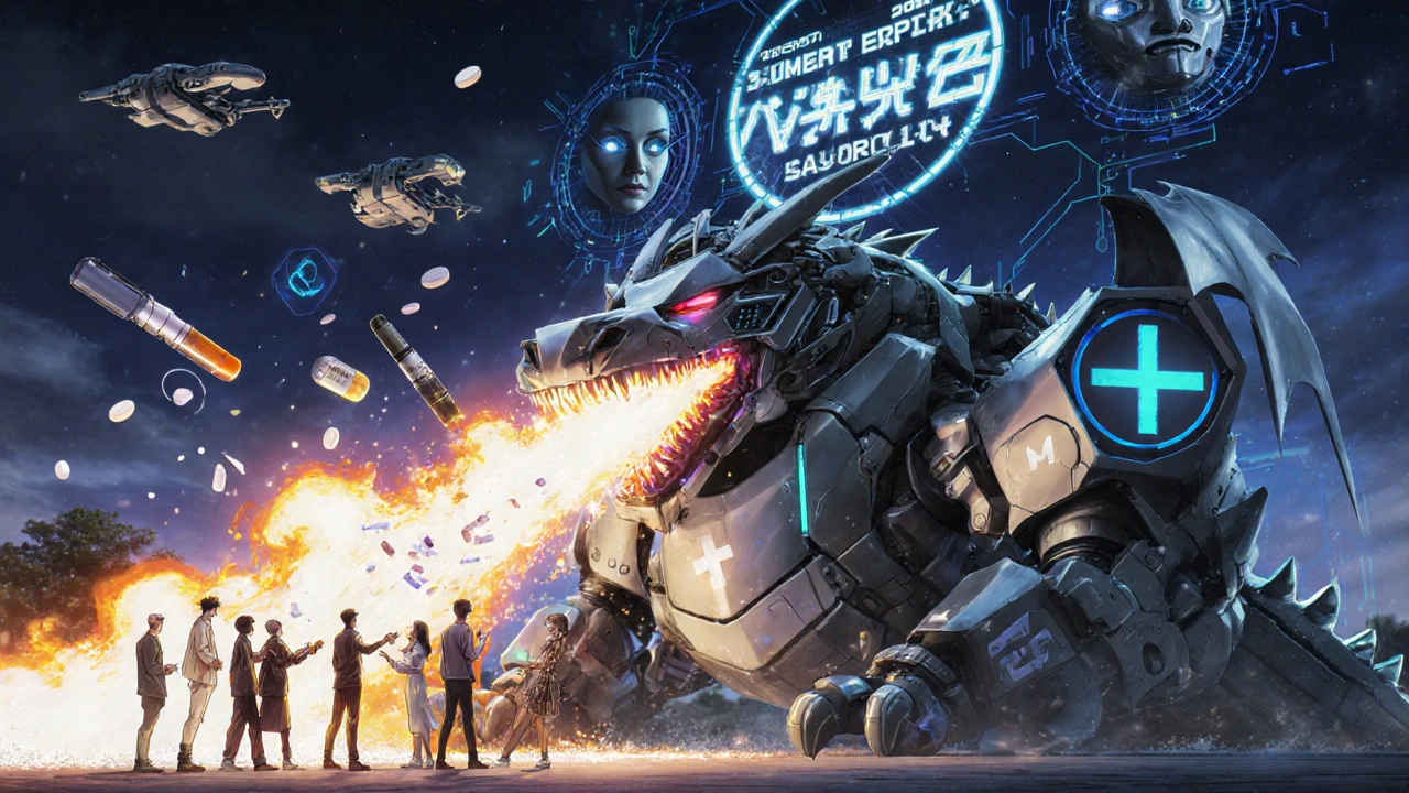 A dragon-shaped robot incinerates expired medications as citizens submit them to a high-tech disposal station.