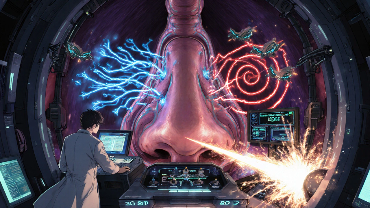 A futuristic nasal control room with neural pathways overloaded by triggers, managed by a technician at a holographic console.