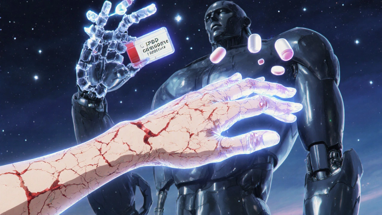 A healing robotic hand transforms pills into particles to mend skin damaged by chemotherapy.