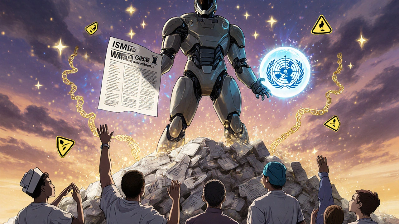 A hero in an exosuit shielding a hospital with safety knowledge, standing atop outdated protocols.