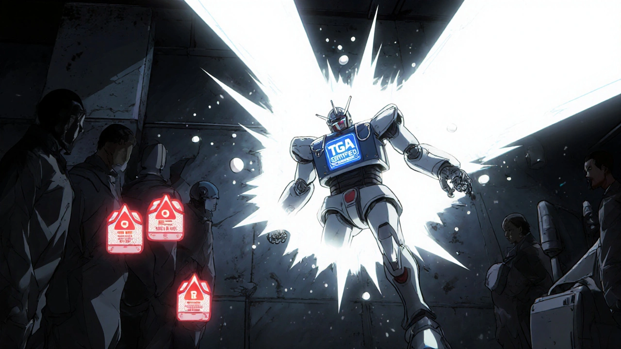 A heroic robot breaks into a counterfeit pill lab, blasting toxic fumes with pure white light.